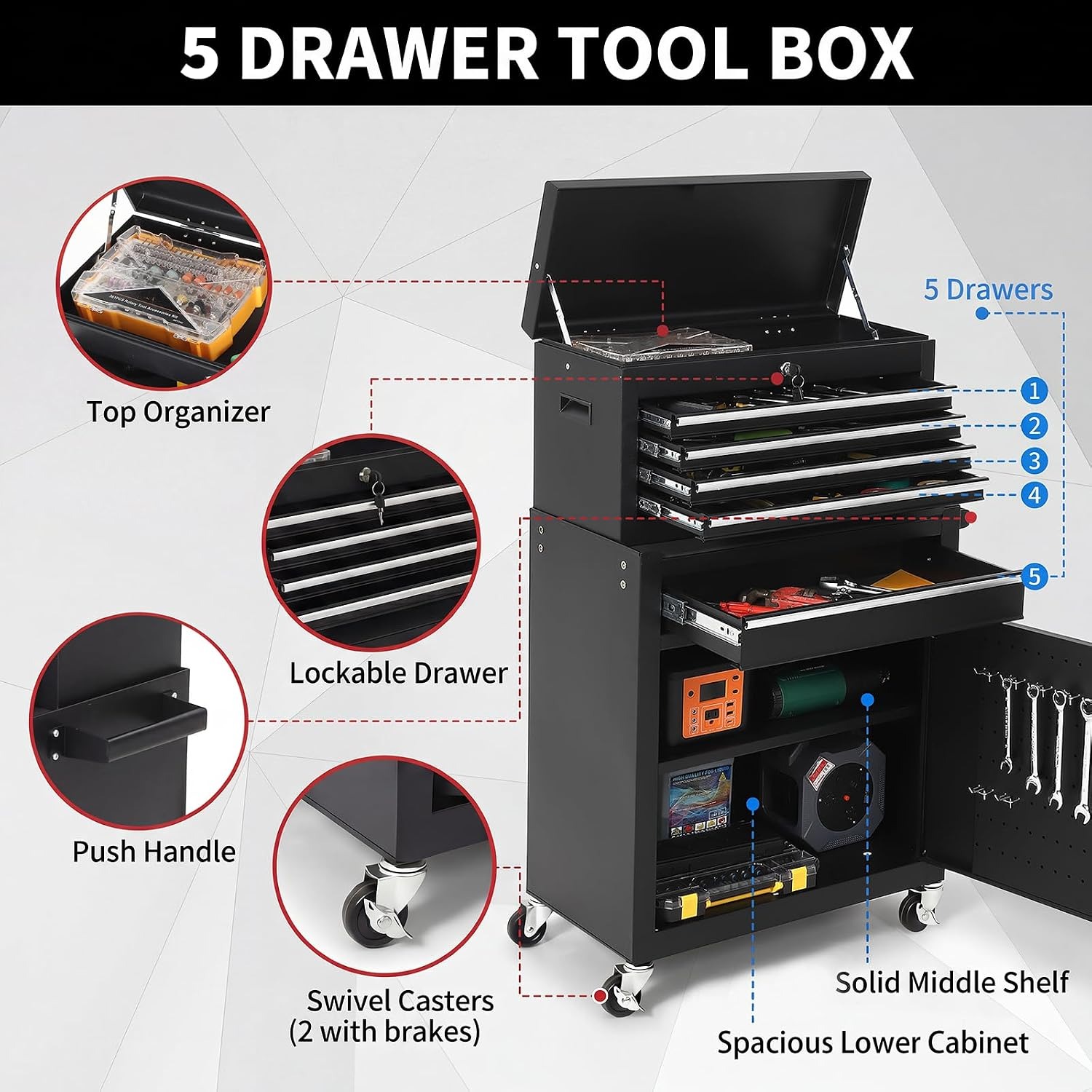 5 Drawer Rolling Tool Cabinet  - Workshop Tools Box review and price